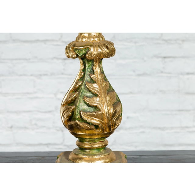 Mid 20th Century Indian Green & Gold Acanthus Carved Finial Drilled to Be Made into a Lamp For Sale - Image 11 of 13