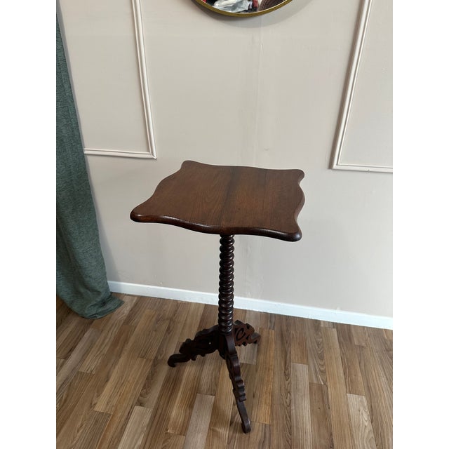 Brown c.1860 Victorian Barley Twist Tripod Carved Mahogany Wine/Side Table Hand-Carved Pedestal, Scalloped Top For Sale - Image 8 of 8