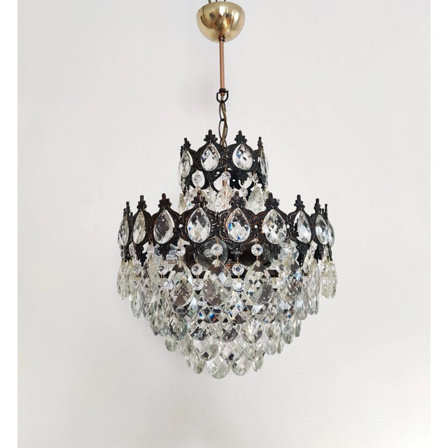 Antique Brass Crystal Basket Chandelier For Sale - Image 4 of 11