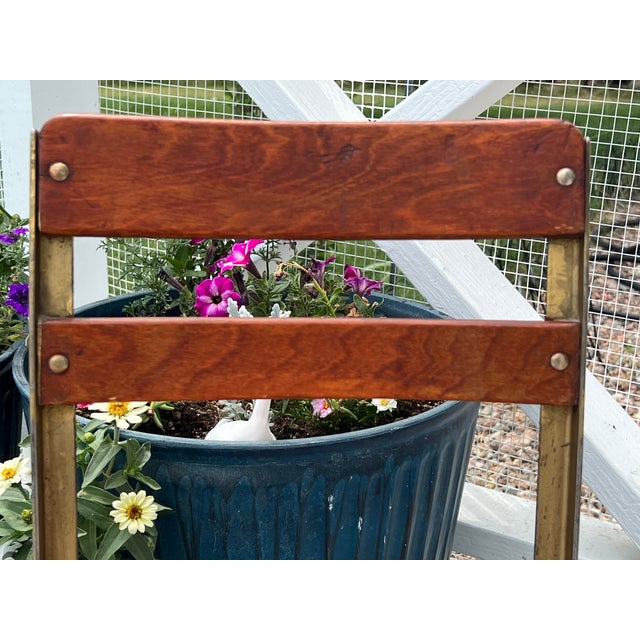 Restored 1900s Antique Child's School Chair Gold Painted Metal With Red Mahogany Colored Stained Wood Seat & Back Wooden Kindergarten Chair For Sale - Image 9 of 18