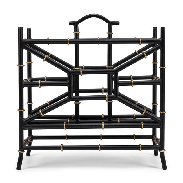 Regency Style Black & Gilt Tole Faux Bamboo Magazine Rack For Sale - Image 4 of 5