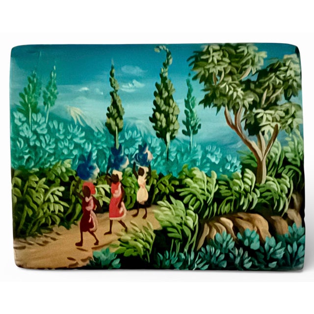 Handcrafted and hand-painted Caribbean folk art jewelry or trinket box featuring a vibrant folk art scene with three...