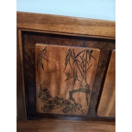 Vintage Asian Inspired Queen Size Wooden Headboard Dark Wood Tone For Sale - Image 4 of 9