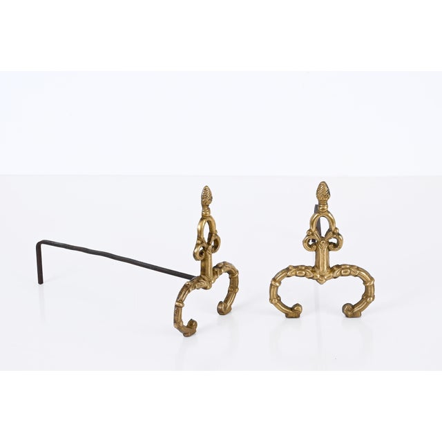 Louis XV Italian Andirons in Gilt Bronze and Iron, Italy, 1940s, Set of 2 For Sale - Image 11 of 13