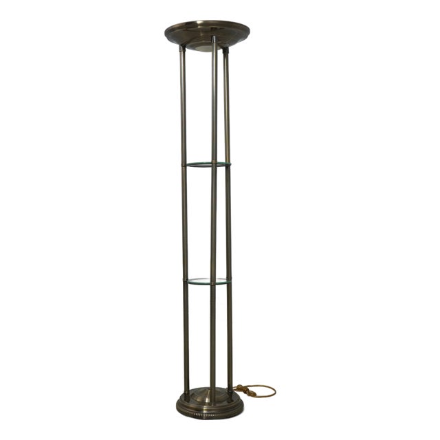Vintage Brass & Glass Tall Floor Torchiere Lamp For Sale