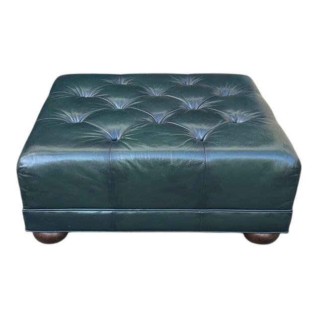 Vintage Deep Green Tufted Leather Ottoman For Sale - Image 11 of 11