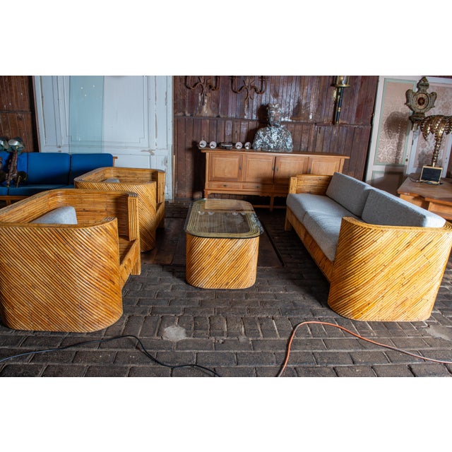 Mid-Century Modern Restored 1940s Pencil Bamboo, Rattan Sofa Set with Armchairs & Table, Italy For Sale - Image 3 of 13