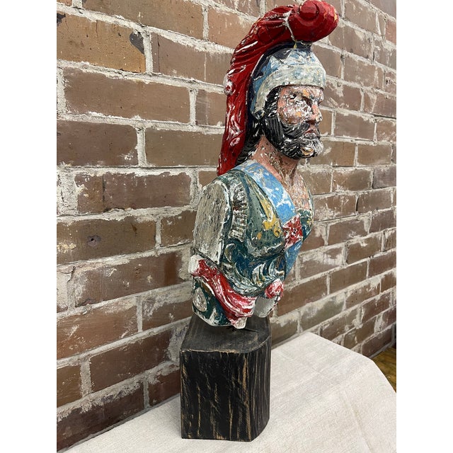 Nautical Vintage Carved Polychrome Ship's Figurehead Bust - HMS Ajax For Sale - Image 3 of 6