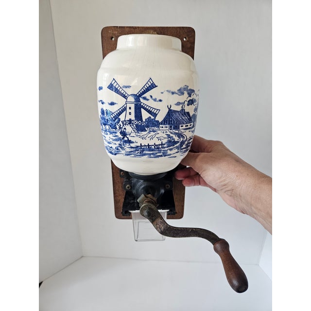 Farmhouse Charming Vintage Wall Mounted Manual Delft Blue Coffee Grinder for Your Country Kitchen For Sale - Image 3 of 9