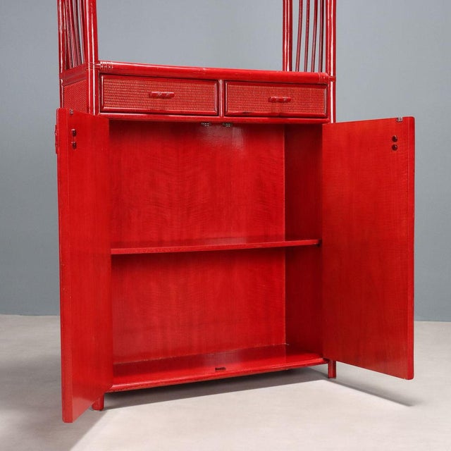Vintage Bookcase in Red Bamboo and Glass, 1980s For Sale - Image 5 of 10