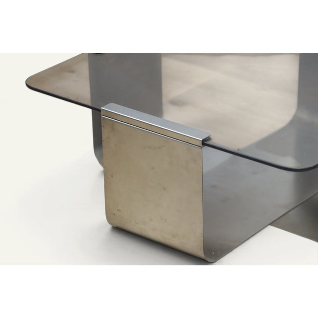 Gray Coffee Table in Brushed Steel and Smoked Glass, 1970s For Sale - Image 8 of 14
