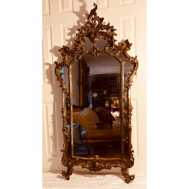 Large Antique 19th Century Rococco Venetian Carved Walnut & Gold Gilt Wall Mirror For Sale - Image 4 of 11