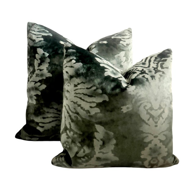 English Venezia Verde Velour Velvet Pillows - A Pair For Sale - Image 3 of 3