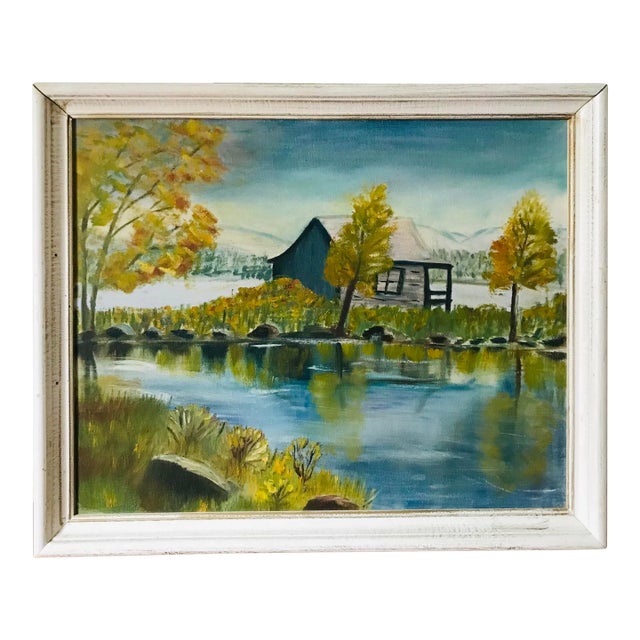 Vintage Cottage-Core Cabin on a Lake Oil Painting - Framed For Sale