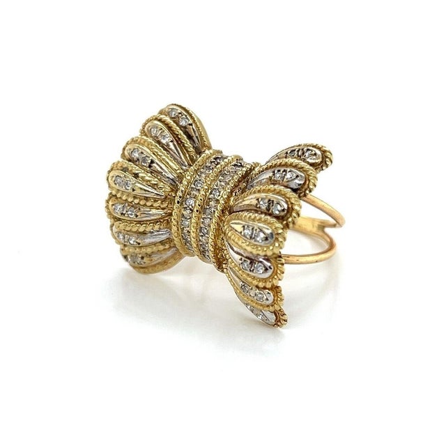 Metal Mid 20th Century Diamond Fancy Frilled 14k Two Tone Gold Bow Ring Size 8 For Sale - Image 7 of 9