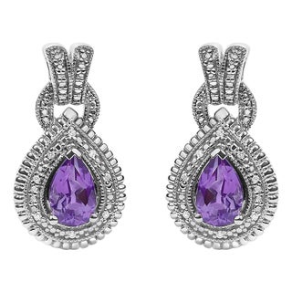 Sterling Silver Pear Cut Amethyst and Diamond Accent Teardrop Stud Earrings, Pair For Sale