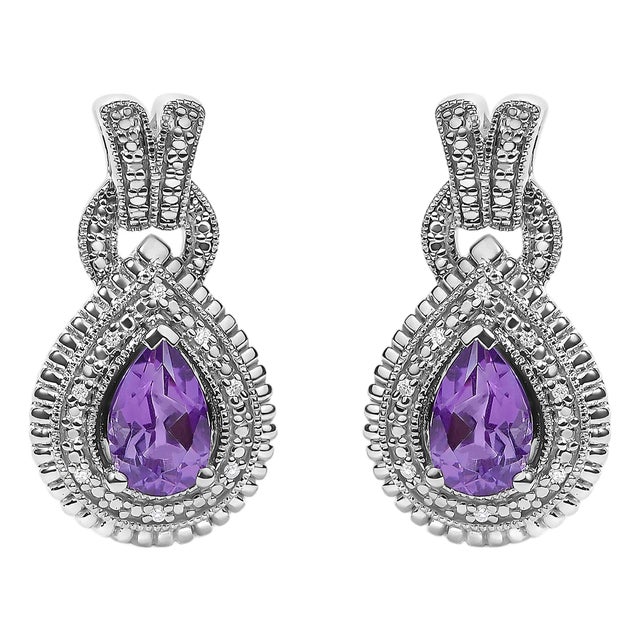 Sterling Silver Pear Cut Amethyst and Diamond Accent Teardrop Stud Earrings, Pair For Sale