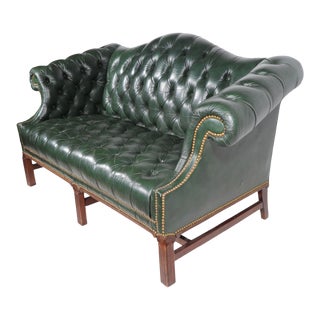 Tufted Leather Chippendale Camelback Loveseat For Sale