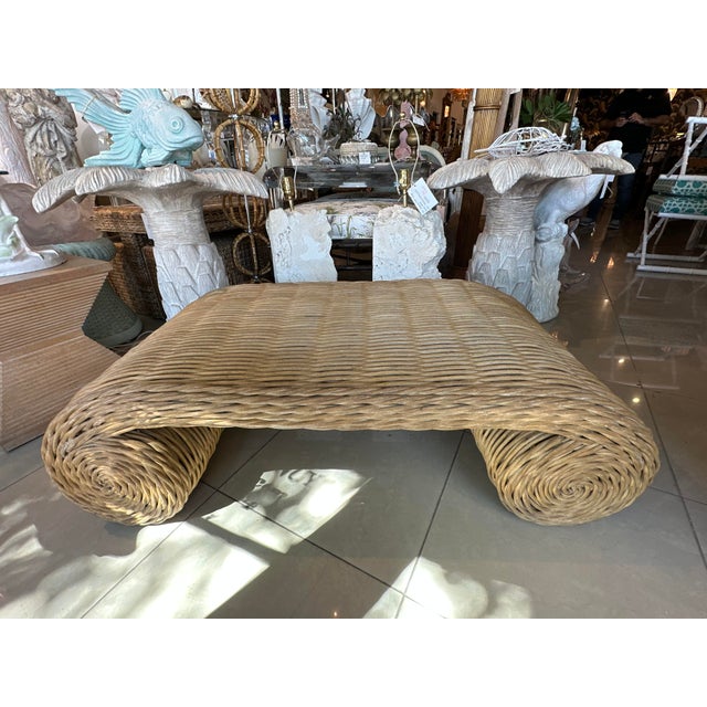 1970s Vintage Coastal Palm Beach Twisted Wicker Scroll Ming Coffee Cocktail Table For Sale - Image 5 of 12