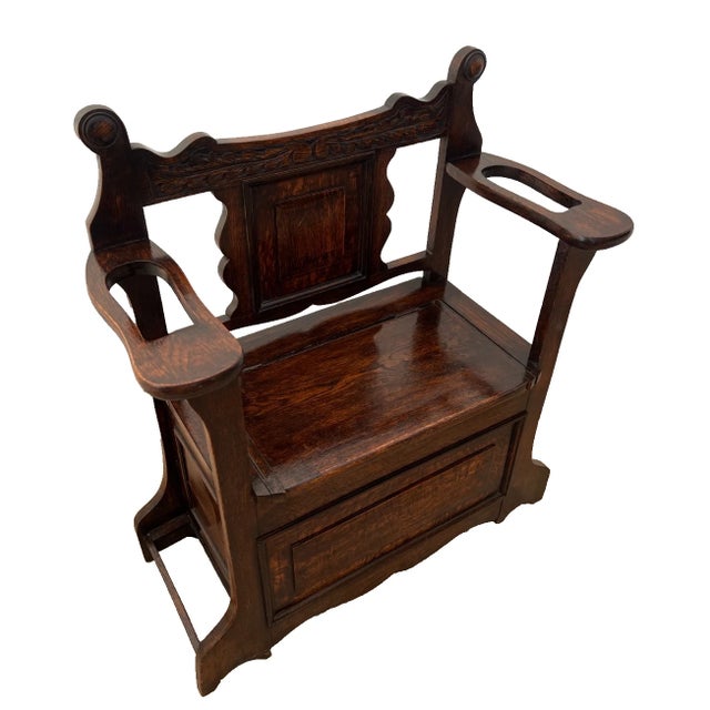 Victorian Antique Entry Chair Umbrella, Cane Stand, Under Seat Storage, Solid Dark Oak For Sale - Image 3 of 12