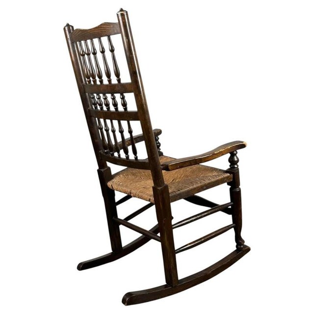 Antique Oak Spindle Back Rocking Chair with Rush Seat, 1900s For Sale - Image 6 of 11