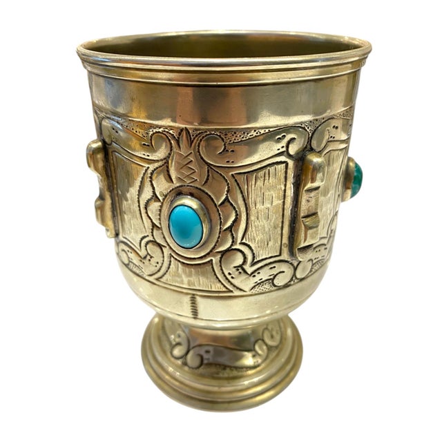 Mid 20th Century Vintage Alpaca Silver Spanish Goblet Cup With Turquoise Color Cabochon Stone Accents For Sale - Image 5 of 16