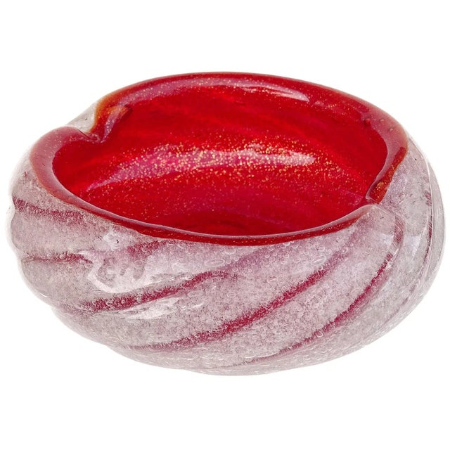 Red Vintage Murano Seguso Vetri d'Arte Red Gold Flecks Pulegoso Technique Italian Art Glass Ashtray Bowl For Sale - Image 8 of 8