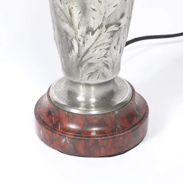 Art Nouveau Rosso Levanto Marble Base & Pewter Table Lamp Signed E. Lelièvre For Sale - Image 13 of 16