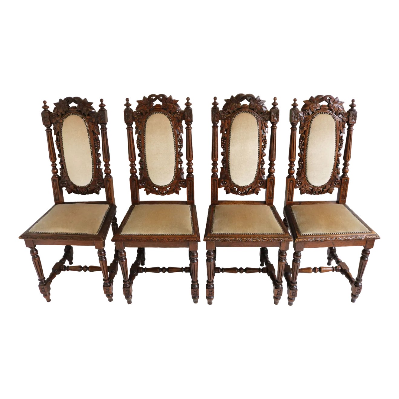 French Renaissance Revival Hunting Style Chairs in Carved Oak Black ...