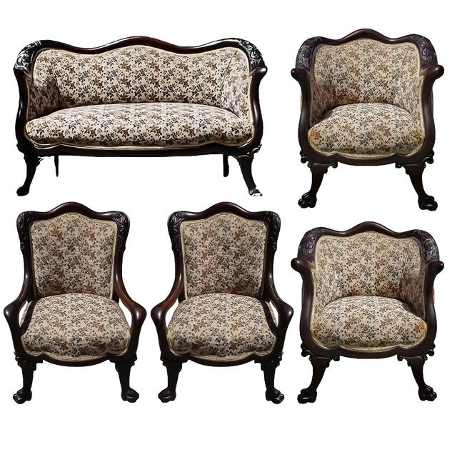 Antique Attributed to R.J Horner Mahogany Parlor Set Victorian Carved Settee & 4 Armchair For Sale - Image 13 of 13