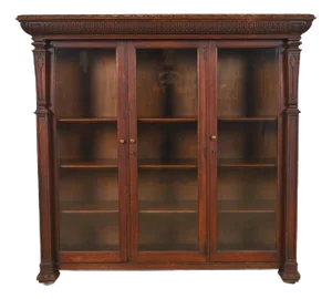 R. J. Horner Style American Empire Carved Oak Glass Front Triple Bookcase Cabinet, Circa 1890