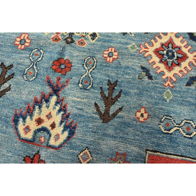 Kazak Rug 9'1'' X 12'5'' Blue Wool Tribal Hand-Knotted Oriental Carpet For Sale - Image 4 of 12