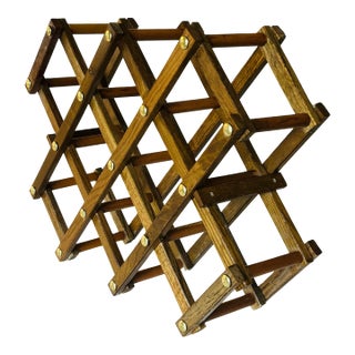 Mid-Century Modern Folding Wooden Wine Rack – Vintage Accordion Expandable Wine Holder With Brass Rivet Accents, Collapsible Bar Storage For Sale