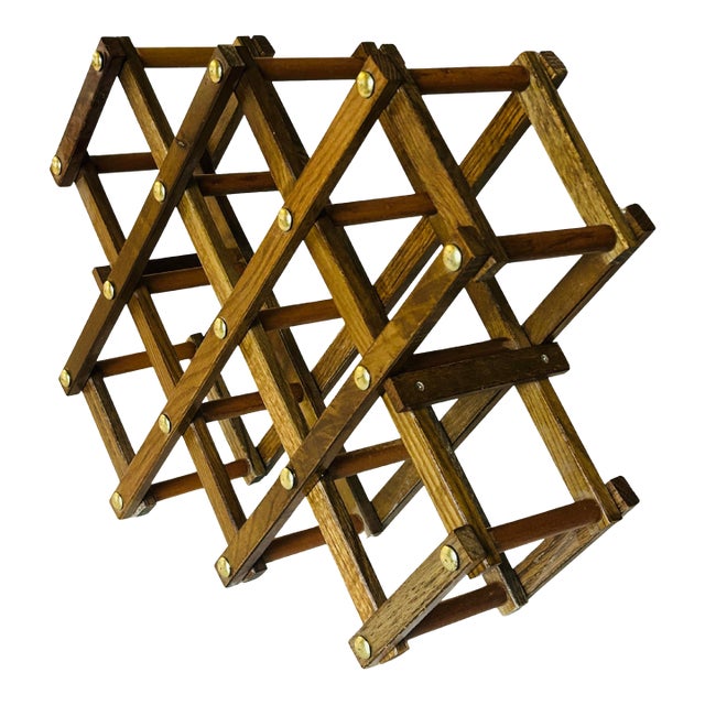 Mid-Century Modern Folding Wooden Wine Rack – Vintage Accordion Expandable Wine Holder With Brass Rivet Accents, Collapsible Bar Storage For Sale