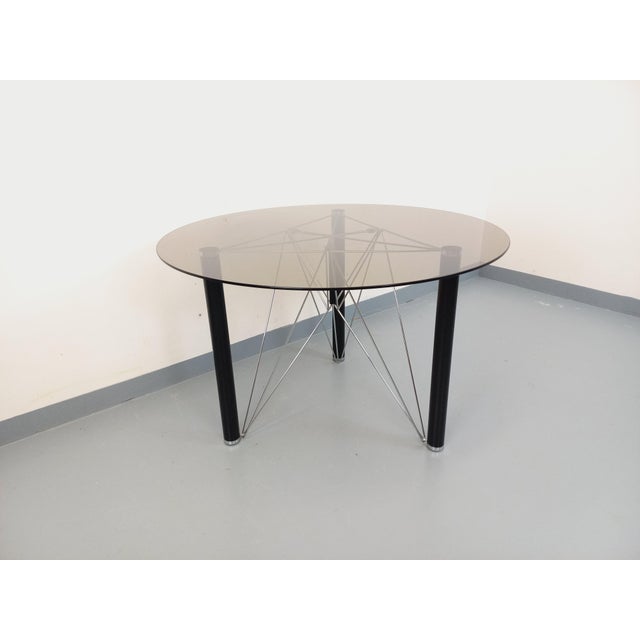 Vintage Round Dining Table in Smoked Glass with Black Metal and Chrome Metal, 1980s For Sale - Image 14 of 18