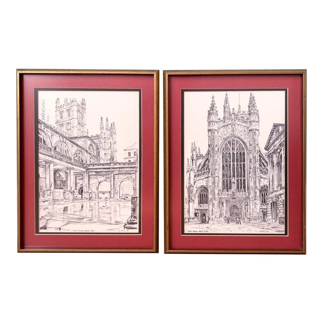 1970's Framed English Illustrated Prints by Griffin: The Great Roman Bath and Bath Abby in England For Sale
