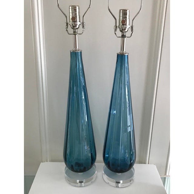 Vintage Murano Teardrop Lamps With Lucite Bases Teal Blue a Pair