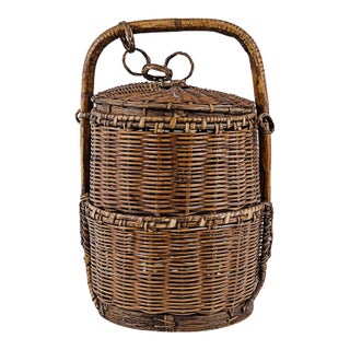 Vintage Antique Small 2 (Two) Tier Chinese Wedding Basket With Linked Lid For Sale