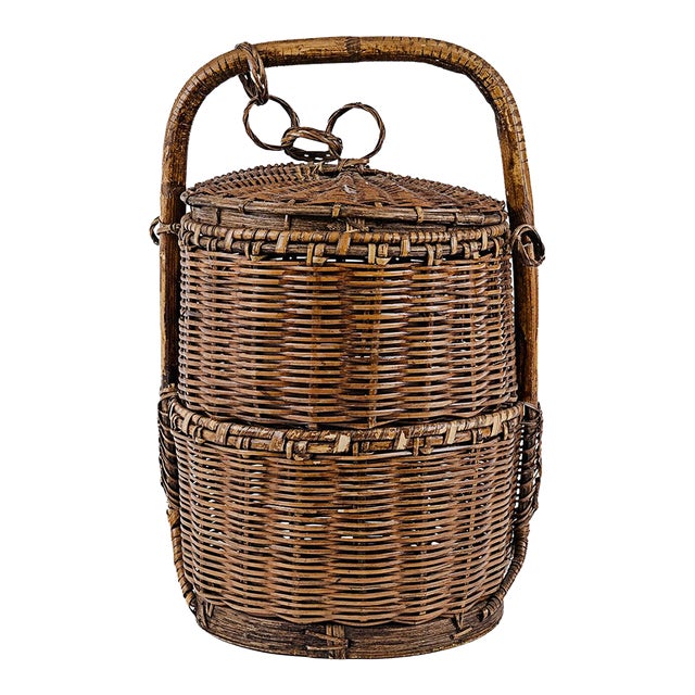 Vintage Antique Small 2 (Two) Tier Chinese Wedding Basket With Linked Lid For Sale