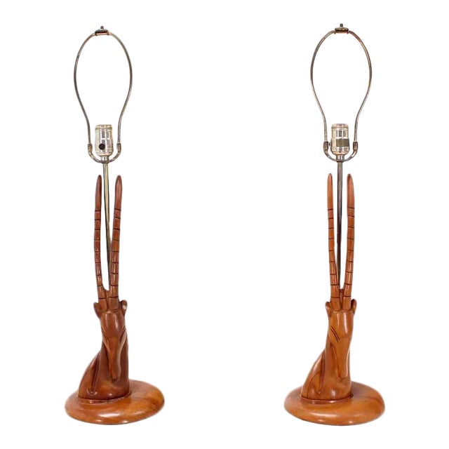 Brown Vintage Mid Century Sculptural Carved Wood Gazelle Motive Walnut Table Lamps- a Pair For Sale - Image 8 of 8