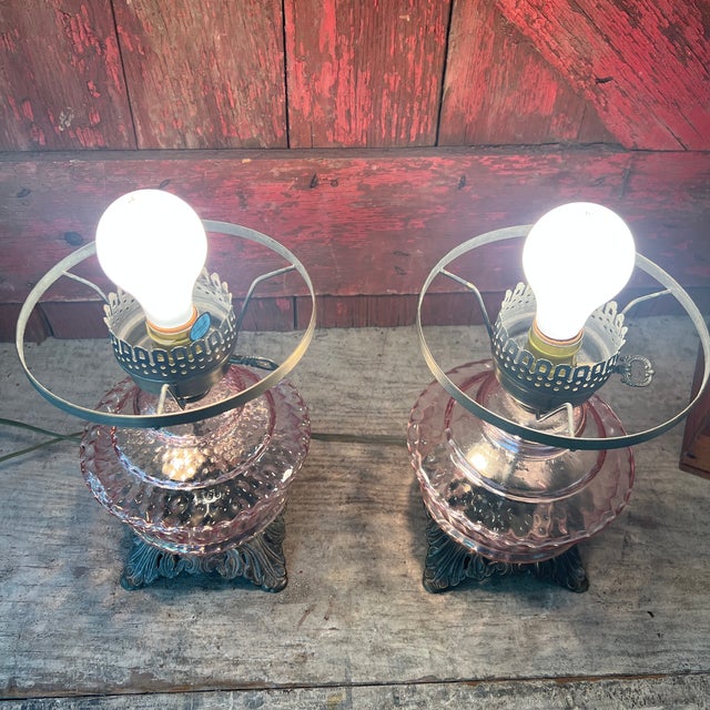 Pair of Vintage Pink Glass Hobnail Electric Lamps With Ornate Metal Bases - 10" High For Sale - Image 9 of 15