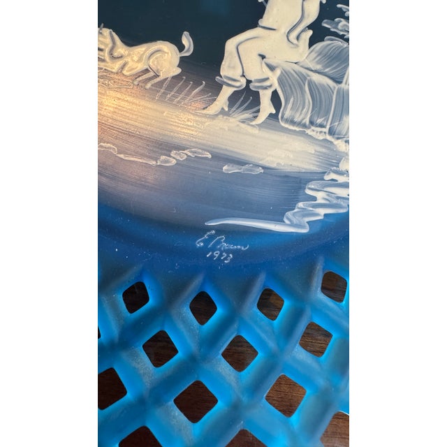 American Westmoreland Blue Glass Plate – Mary Gregory Style, Signed Boy Fishing, 1973 Pristine For Sale - Image 3 of 13