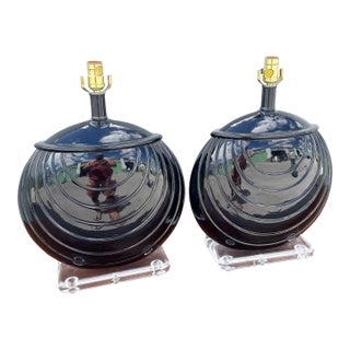 1980s Postmaster Deco Black Gloss Ceramic and Lucite Table Lamps - A Pair For Sale