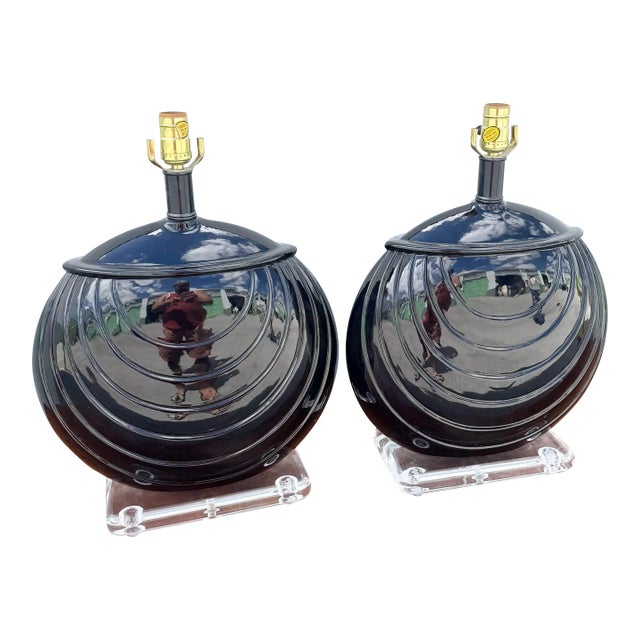 1980s Postmaster Deco Black Gloss Ceramic and Lucite Table Lamps - A Pair For Sale
