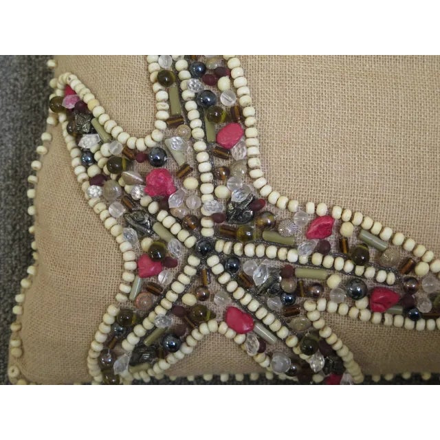 Nautical Square Burlap Starfish Decorative Pillow With Beading For Sale - Image 3 of 5