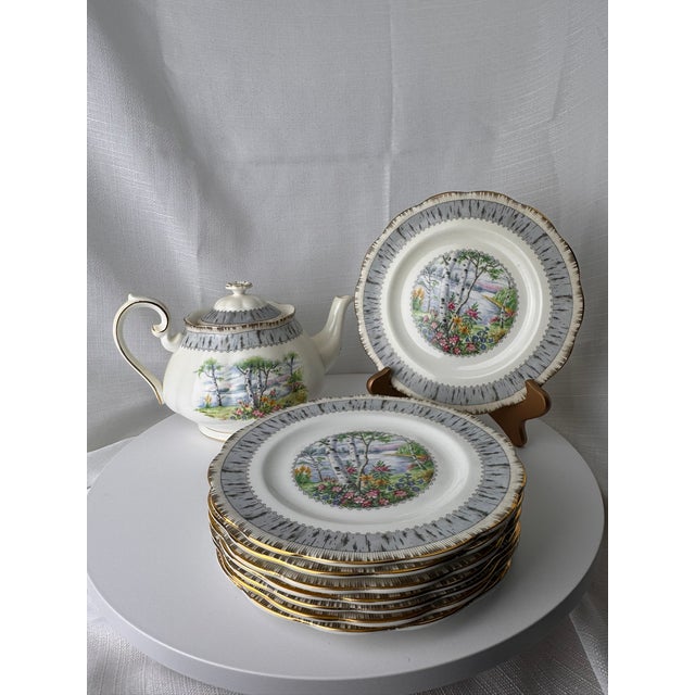 Ceramic Vintage Royal Albert Silver Birch English Bone China Tea Service for 8 – Complete Set - 28 pcs For Sale - Image 7 of 18