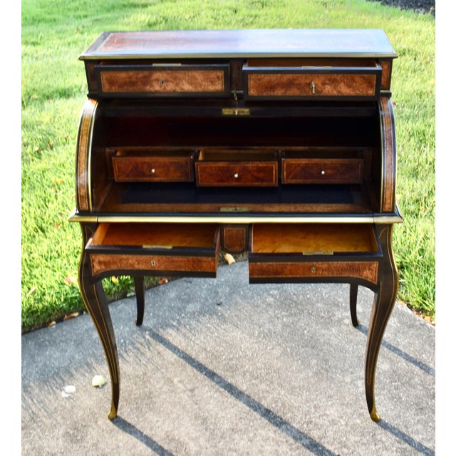 French Antique French Walnut Desk Burl Brass Inlay Cylinder Roll Style Bureau Ormolu For Sale - Image 3 of 16