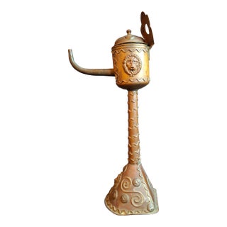 Antique Flemish Brass Snotneus Oil Lamp Ornate Copper Lion Mask Fat Light 19thC For Sale