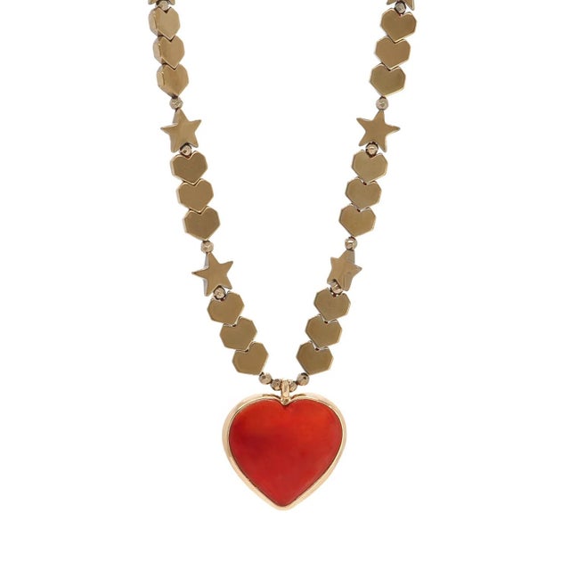 Gold Murano Glass Red Heart Pendant Heart & Star Beaded Necklace For Sale - Image 8 of 10