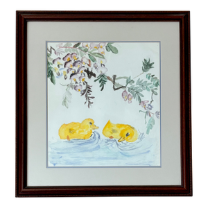 Vintage Folk Art Duckling Watercolor Painting, Framed